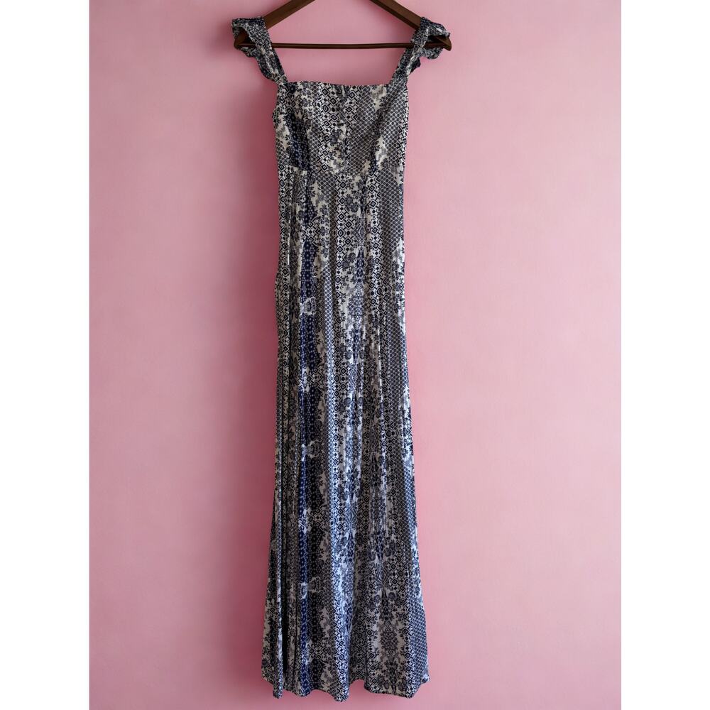 Flynn Skye Bardot Maxi Dress | Women’s XS | Blue White Paisley Boho Print